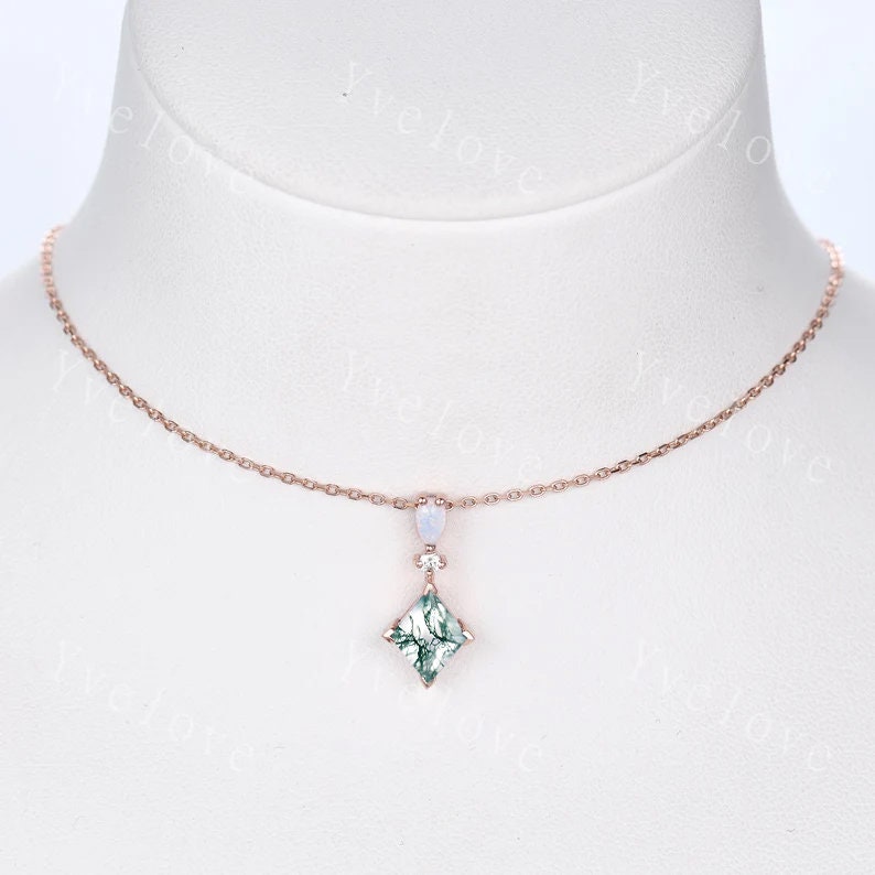 Vintage unique lozenge moss agate necklace solid 14k rose gold opal diamond personalized pendant for women anniversary bridal gift for her