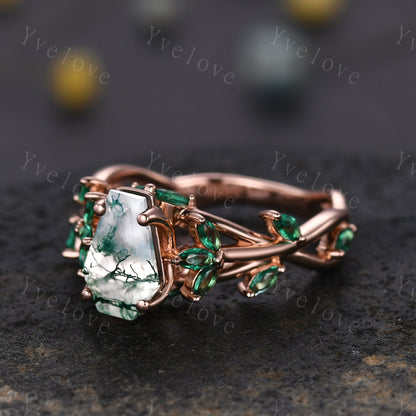 Coffin cut moss agate engagement ring,nature inspired twig leaf marquise green emerald,14k rose gold,unique vintage promise gift for women