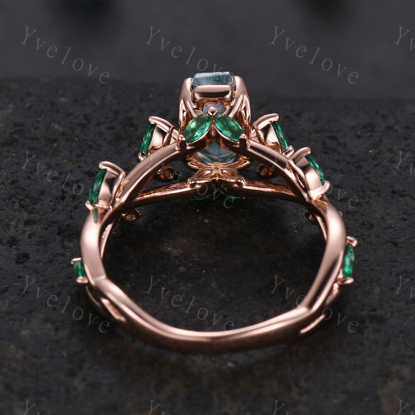 Coffin cut moss agate engagement ring,nature inspired twig leaf marquise green emerald,14k rose gold,unique vintage promise gift for women