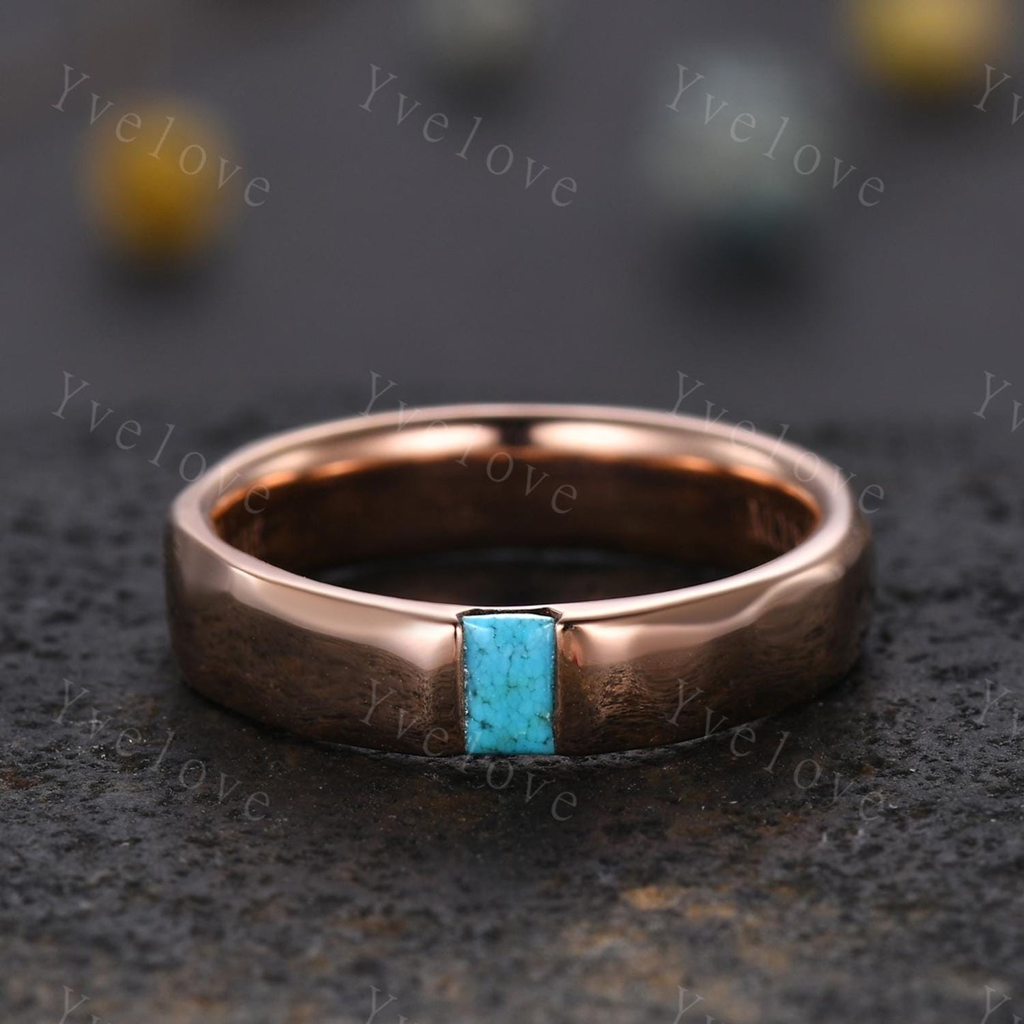 Couples ring set Baguette Turquoise wedding ring for men and women His and Hers hammered band promise anniversary retro ring gift Customized