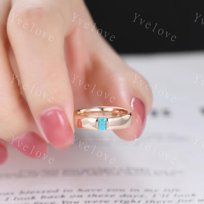 Couples ring set Baguette Turquoise wedding ring for men and women His and Hers hammered band promise anniversary retro ring gift Customized