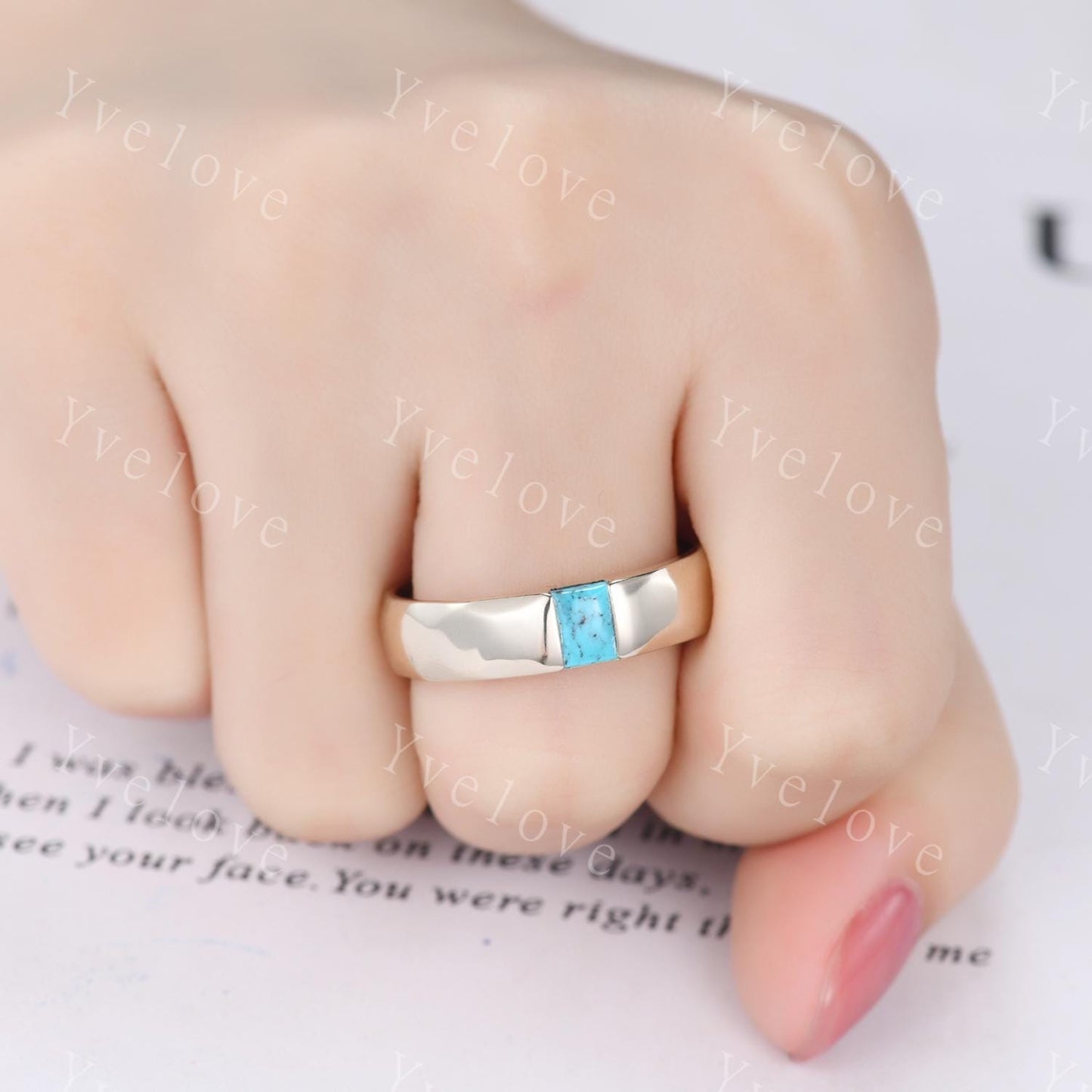 Couples ring set Baguette Turquoise wedding ring for men and women His and Hers hammered band promise anniversary retro ring gift Customized