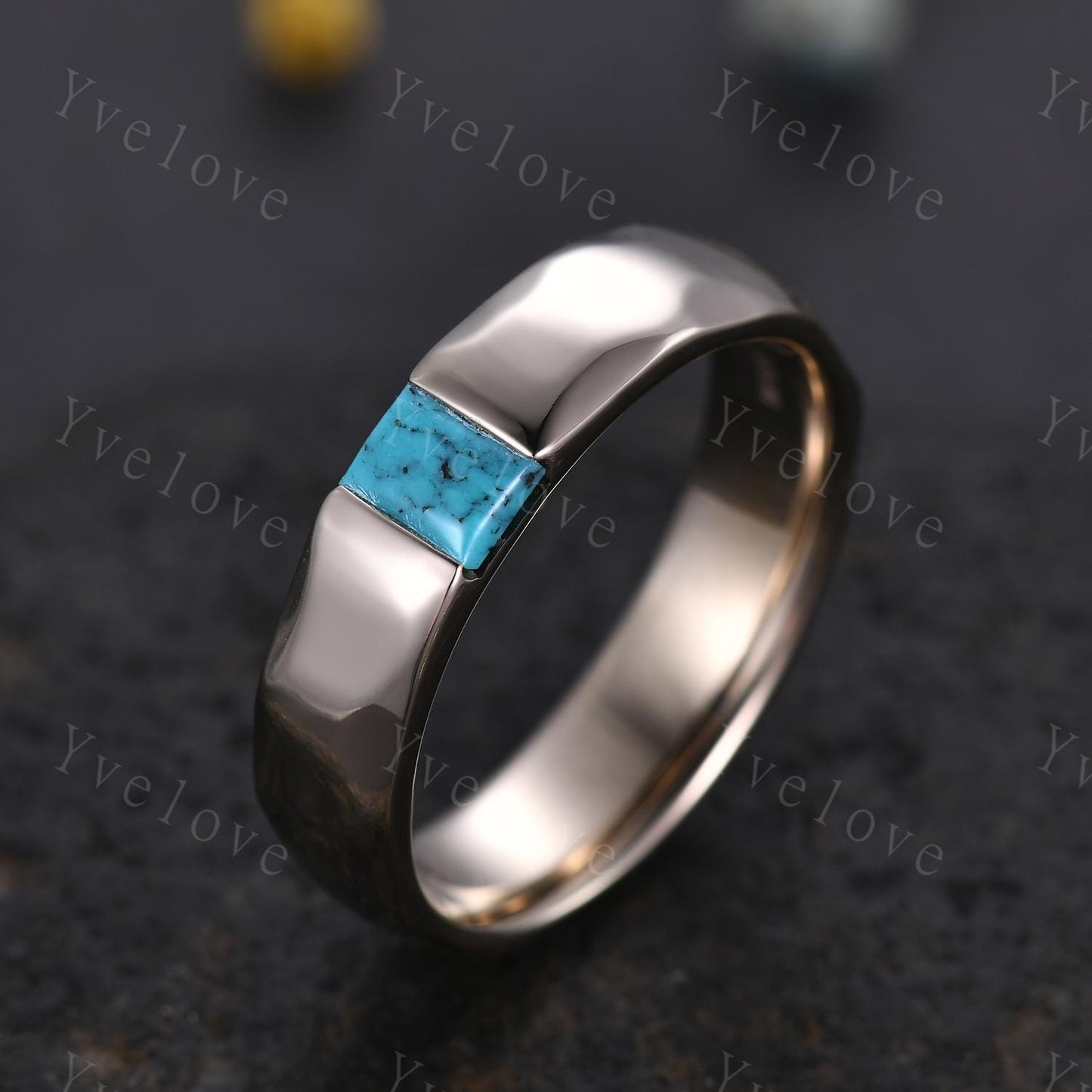 Couples ring set Baguette Turquoise wedding ring for men and women His and Hers hammered band promise anniversary retro ring gift Customized