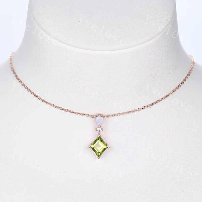 Vintage unique princess cut green peridot necklace rose gold ring opal diamond customized pendant anniversary promise bridal gift for her