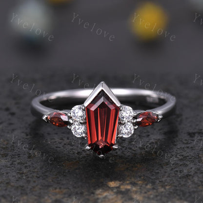 Art Deco Coffin Cut Red Garnet Engagement Ring Set,Unique Garnet Ring,Curved Diamond Stacking Matching Band Promise Anniversary Ring Gift