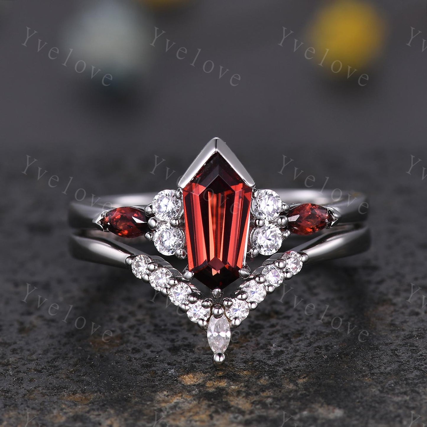 Art Deco Coffin Cut Red Garnet Engagement Ring Set,Unique Garnet Ring,Curved Diamond Stacking Matching Band Promise Anniversary Ring Gift