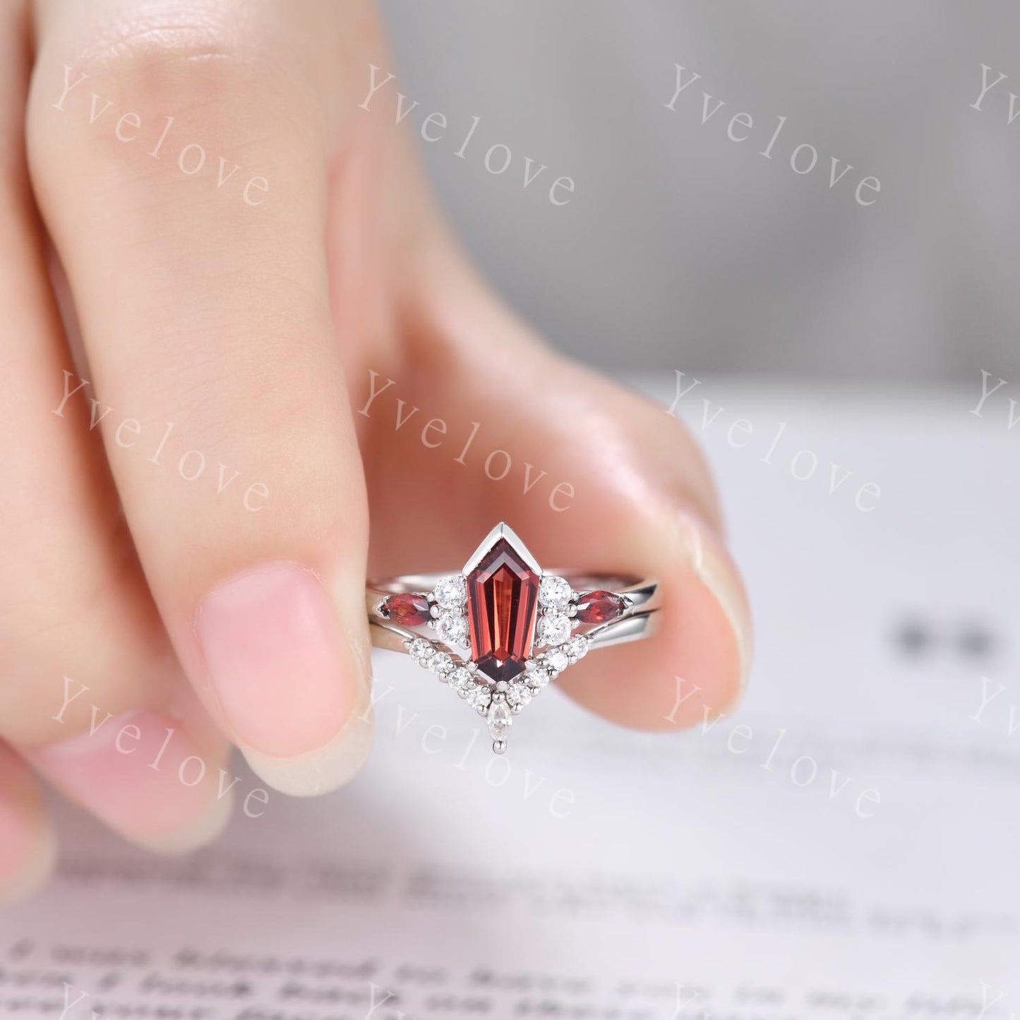 Art Deco Coffin Cut Red Garnet Engagement Ring Set,Unique Garnet Ring,Curved Diamond Stacking Matching Band Promise Anniversary Ring Gift