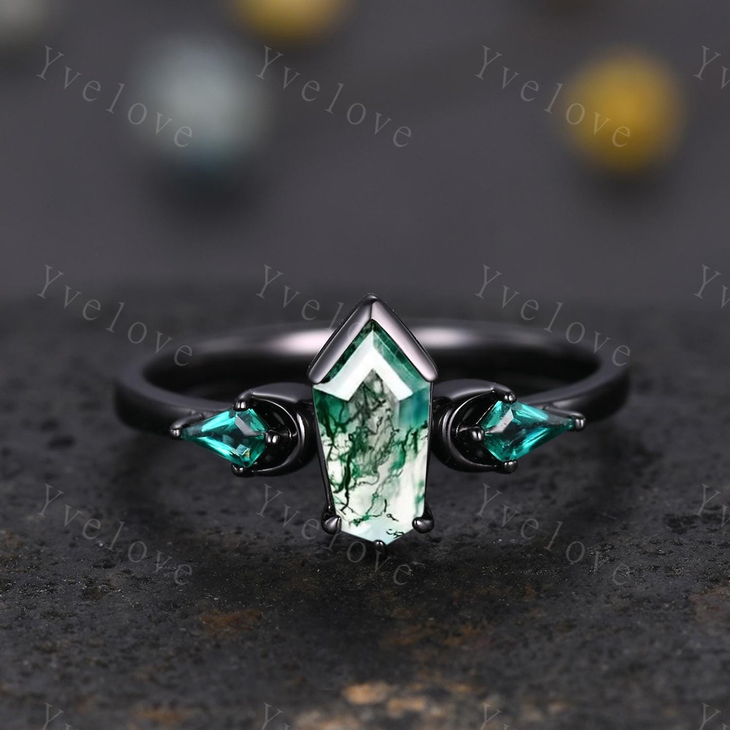 Gothic Coffin Cut Moss Agate Engagement Ring Set,Unique Natural Agate Ring,Kite Emerald Ring,Black Gold Moon Band Promise Gift Bridal Set