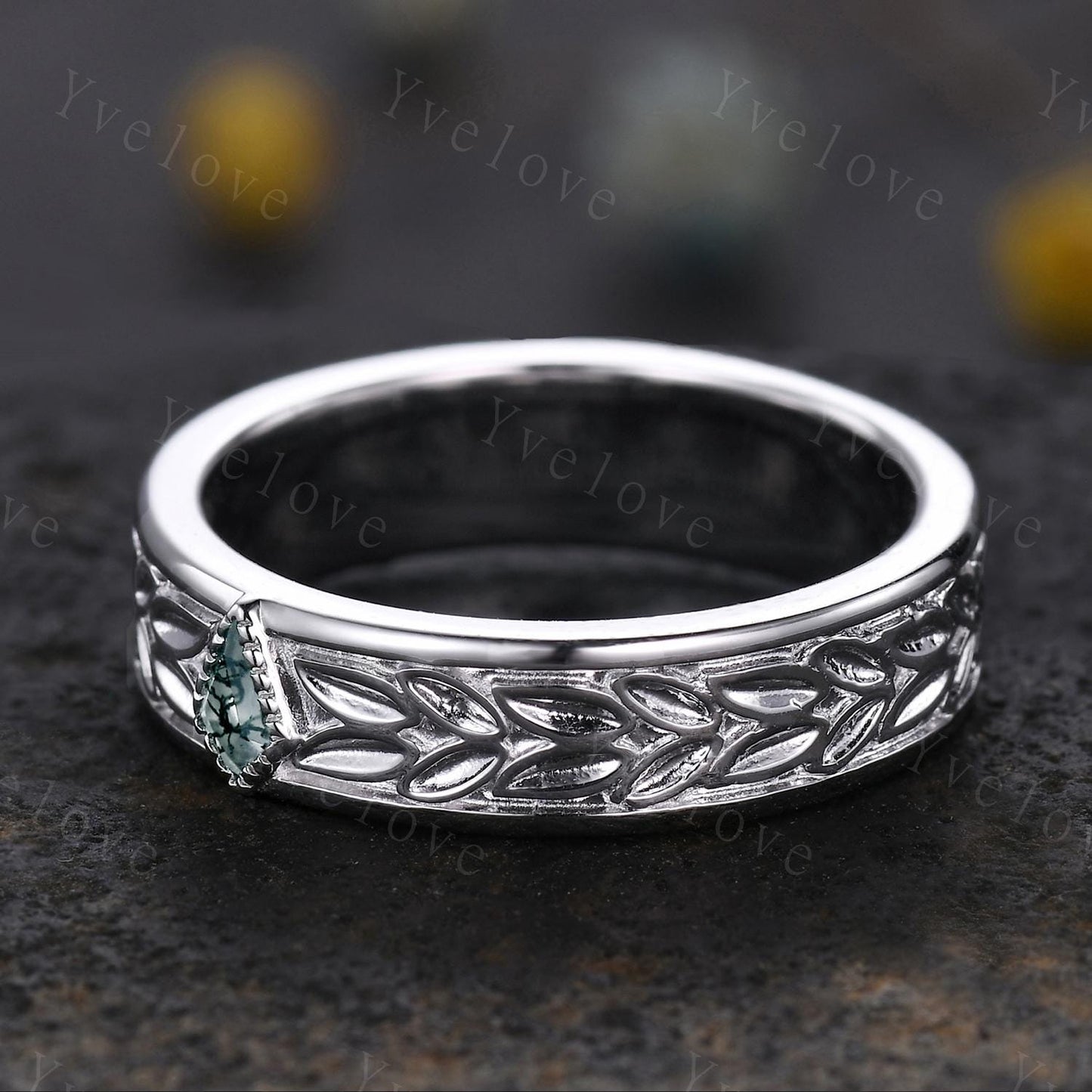 3/4 Eternity Kite Moss Agate Leaf Wedding Band Unisex Silver Ring Nature Inspired Branch Promise Bridal Ring Custom Jewelry Rings For Men