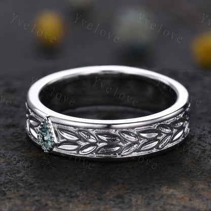 3/4 Eternity Kite Moss Agate Leaf Wedding Band Unisex Silver Ring Nature Inspired Branch Promise Bridal Ring Custom Jewelry Rings For Men