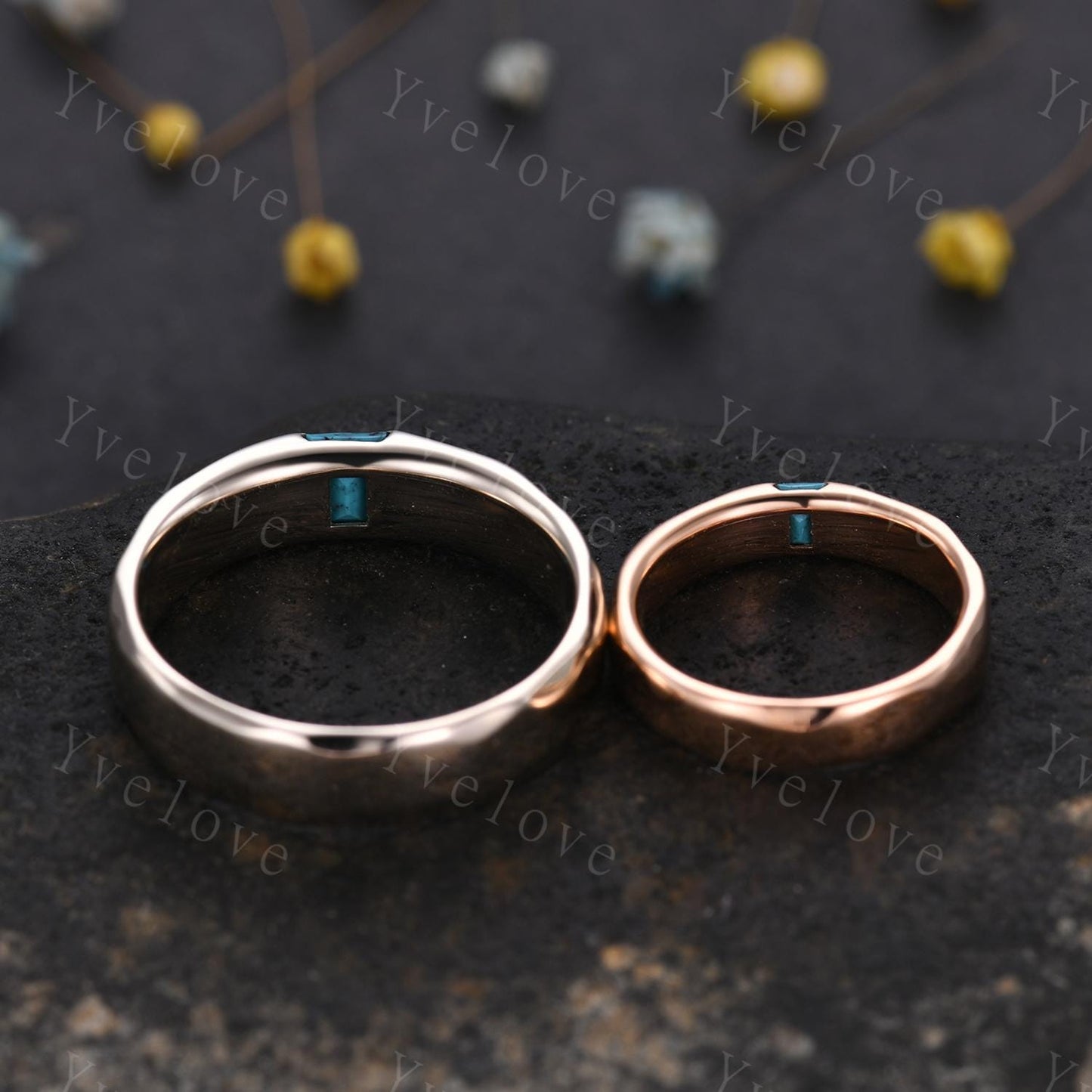 Couples ring set Baguette Turquoise wedding ring for men and women His and Hers hammered band promise anniversary retro ring gift Customized