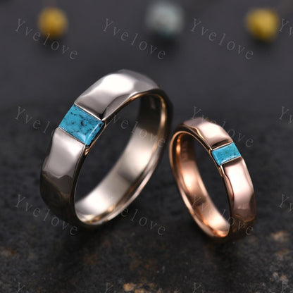 Couples ring set Baguette Turquoise wedding ring for men and women His and Hers hammered band promise anniversary retro ring gift Customized