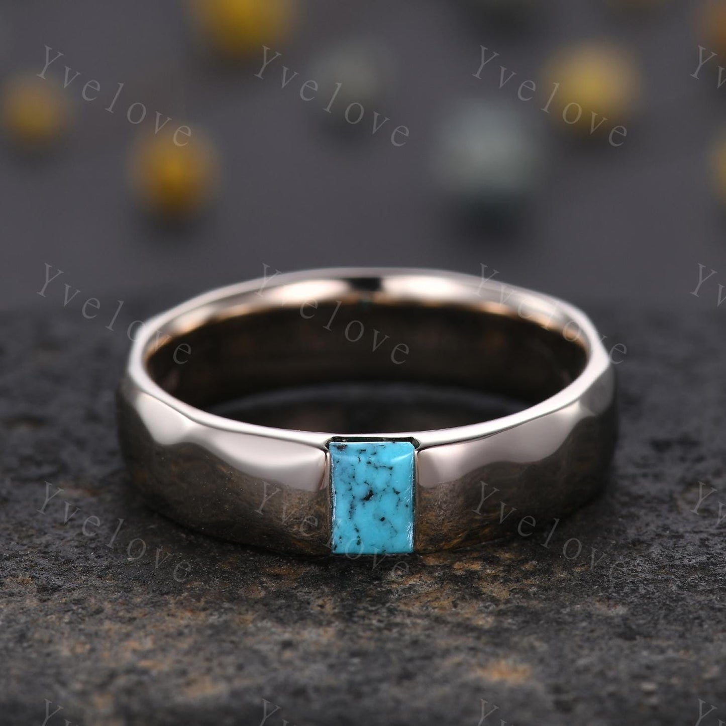 Couples ring set Baguette Turquoise wedding ring for men and women His and Hers hammered band promise anniversary retro ring gift Customized