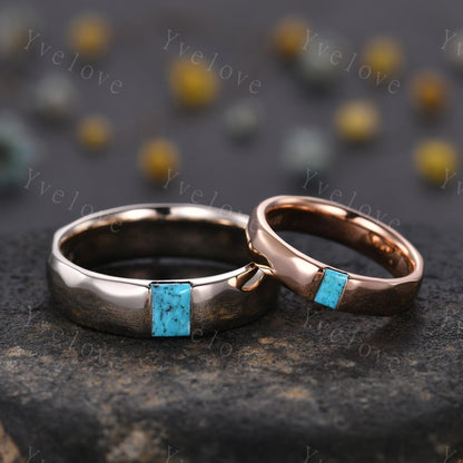 Couples ring set Baguette Turquoise wedding ring for men and women His and Hers hammered band promise anniversary retro ring gift Customized