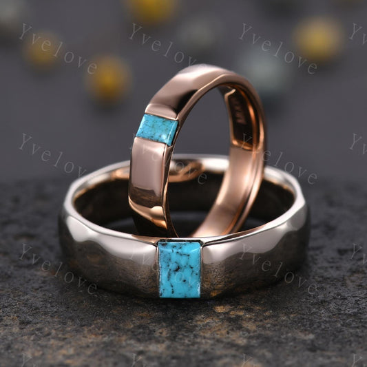 Couples ring set Baguette Turquoise wedding ring for men and women His and Hers hammered band promise anniversary retro ring gift Customized