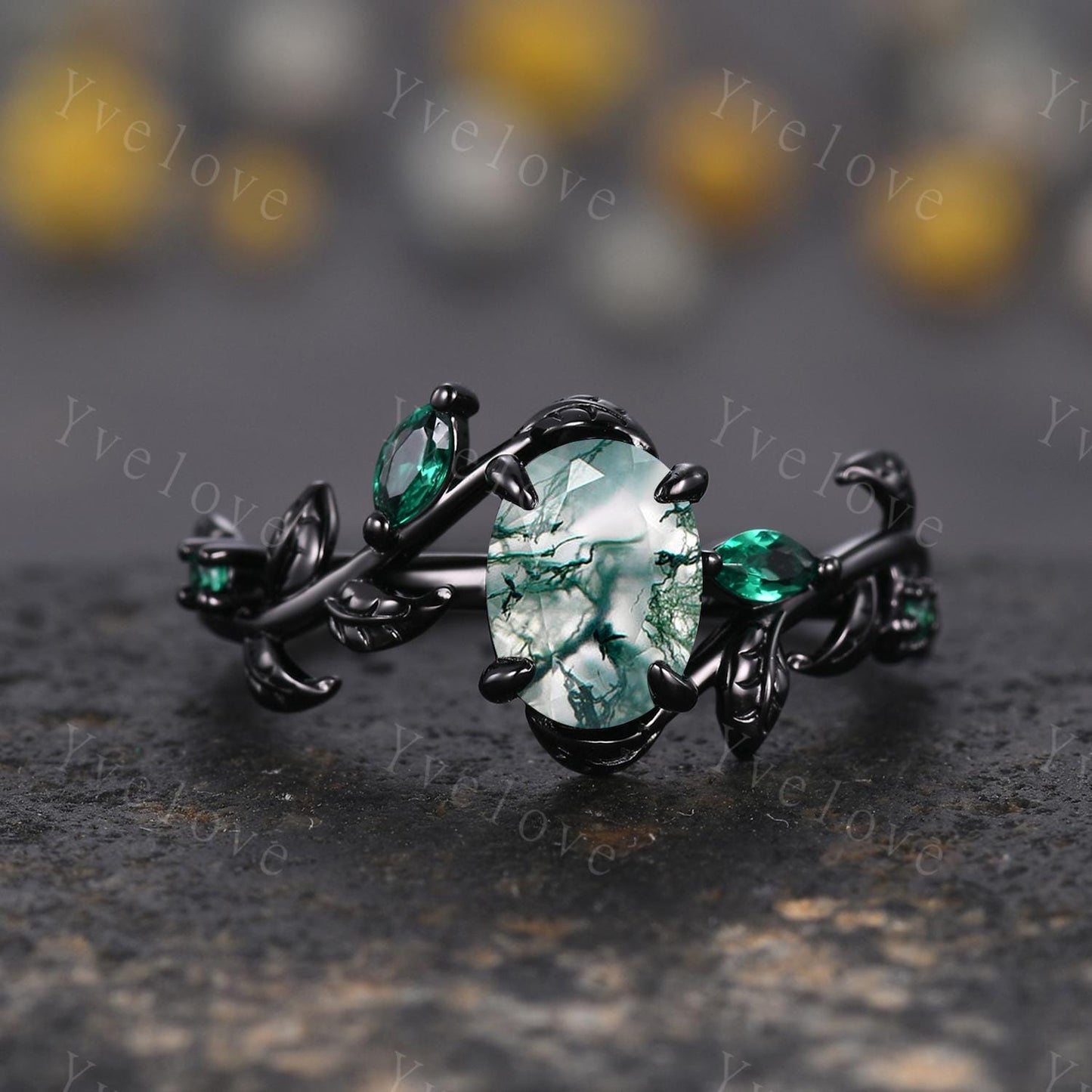 Gothic Oval Cut Moss Agate Engagement Ring,Black Gold Leaf Emerald Diamond Enhancer Wedding Band Unique Cluster Ring Women Bridal Ring Set