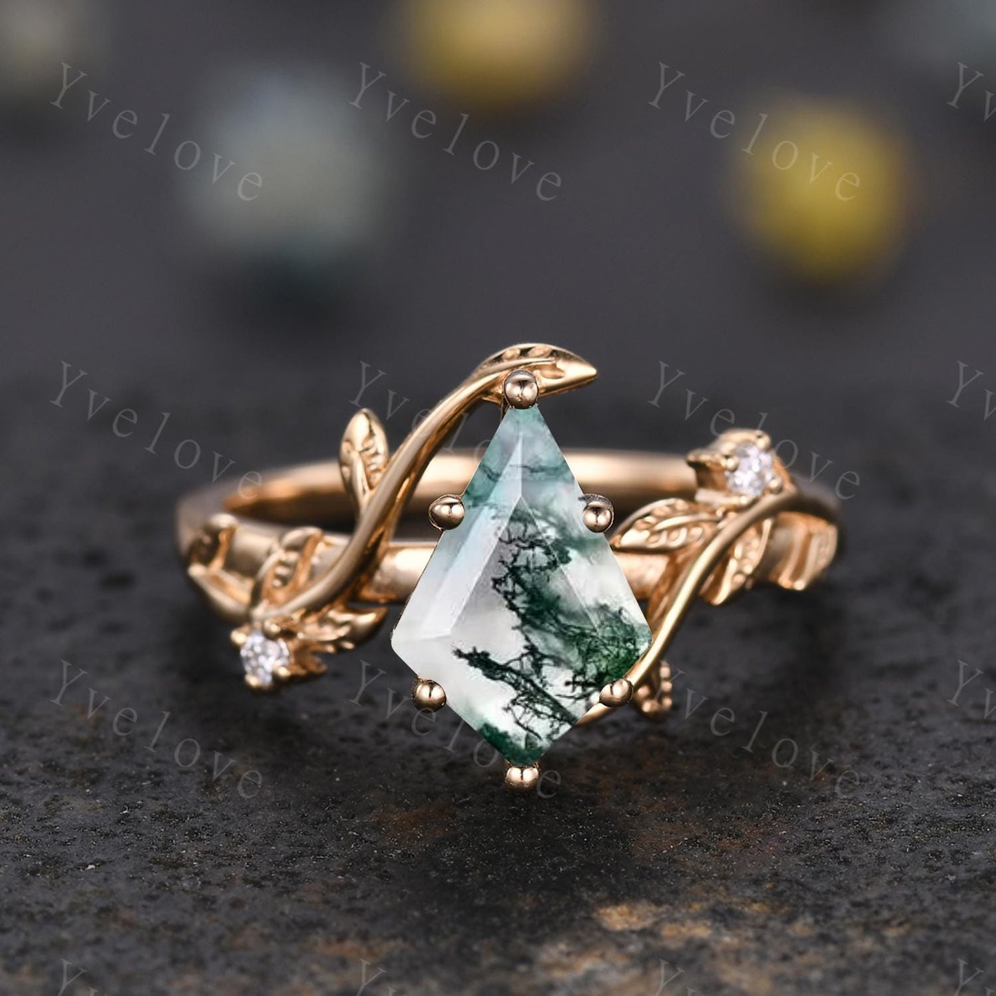 Kite Shaped Green Moss Agate Engagement Ring Set Unique Leaf Natural Green Gemstone Cluster Ring 14K Solid Gold Promise Ring Bridal Ring Set