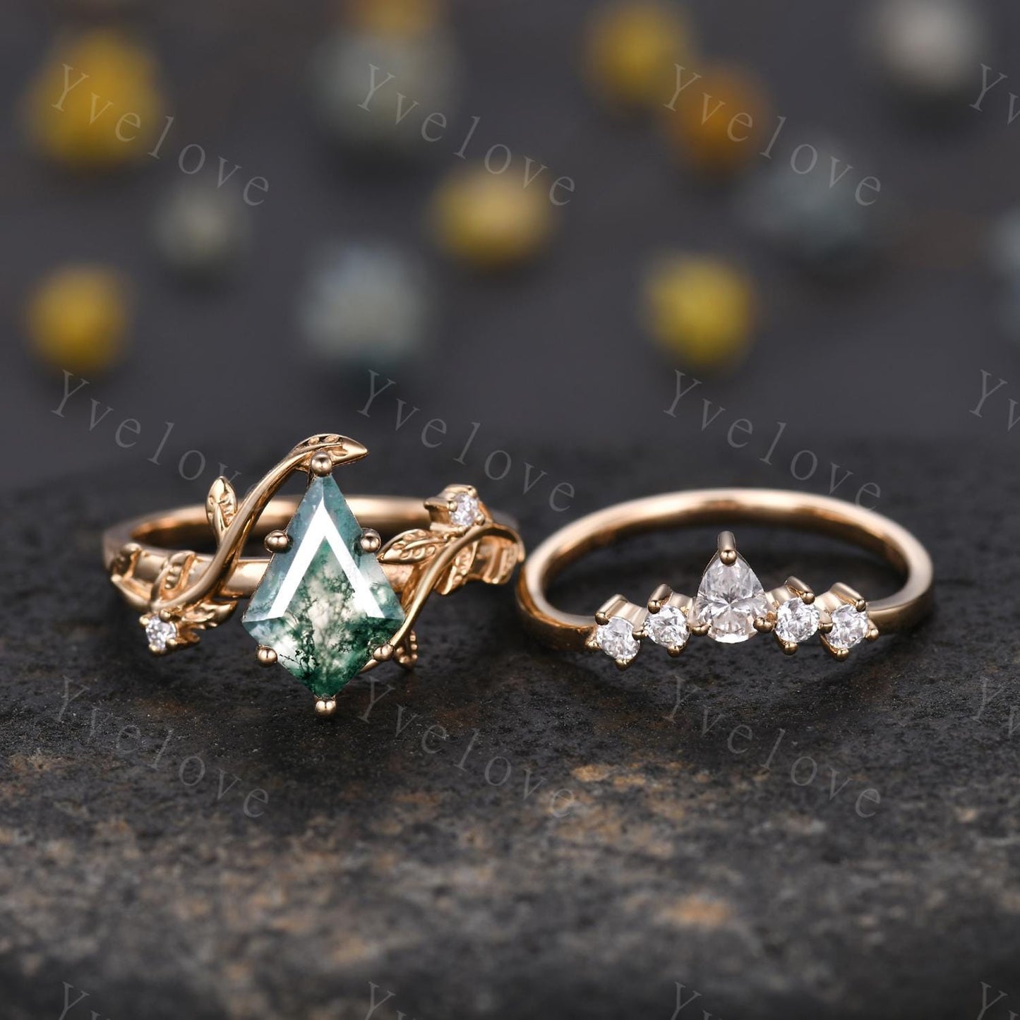 Kite Shaped Green Moss Agate Engagement Ring Set Unique Leaf Natural Green Gemstone Cluster Ring 14K Solid Gold Promise Ring Bridal Ring Set