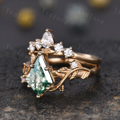 Kite Shaped Green Moss Agate Engagement Ring Set Unique Leaf Natural Green Gemstone Cluster Ring 14K Solid Gold Promise Ring Bridal Ring Set