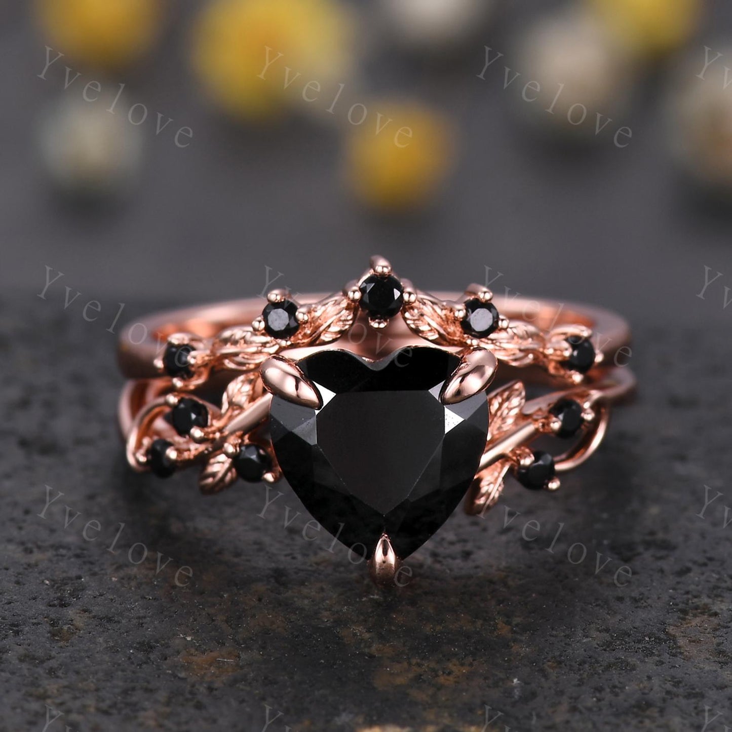 8 mm Heart Shape Black Onyx Ring,Vintage Twig Vine Leaf Ring,Antique Black Onyx Bridal Promise Ring Set Nature Inspired 14K Rose Gold band