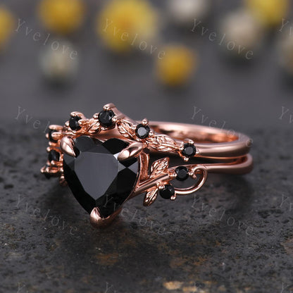 8 mm Heart Shape Black Onyx Ring,Vintage Twig Vine Leaf Ring,Antique Black Onyx Bridal Promise Ring Set Nature Inspired 14K Rose Gold band