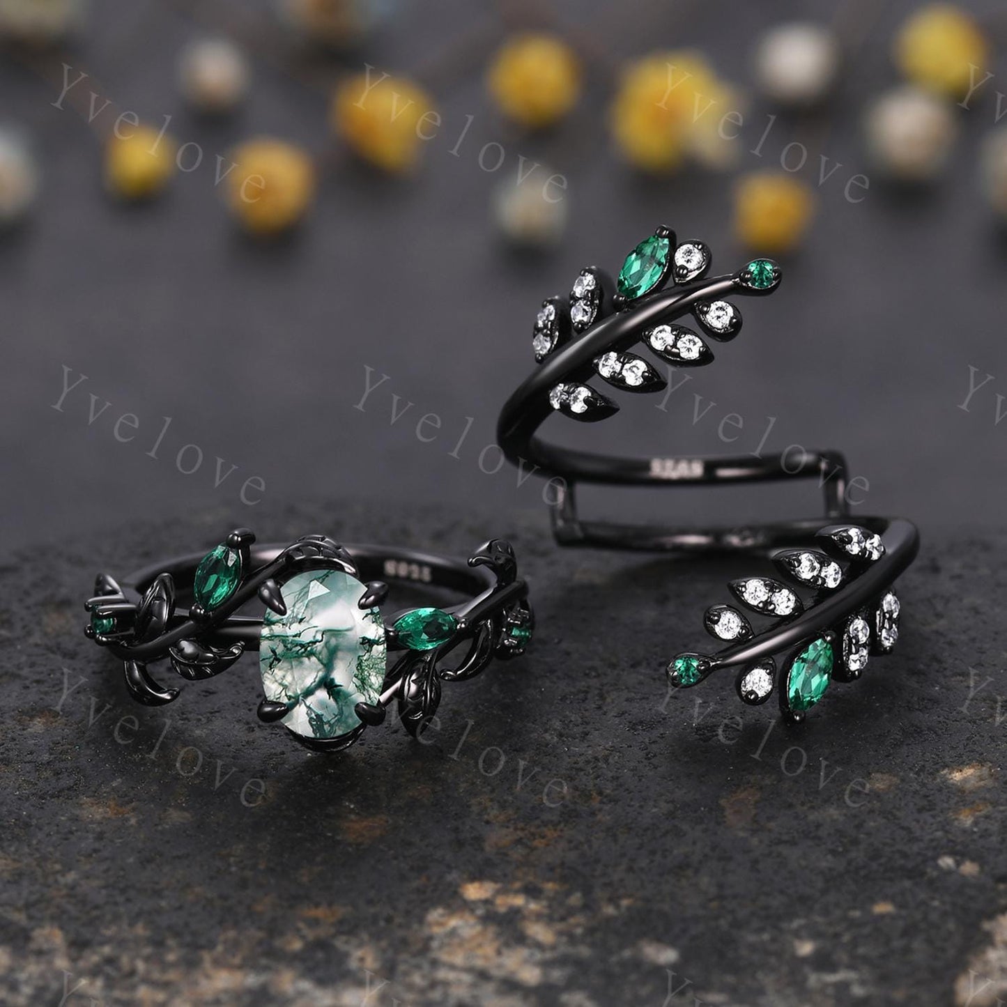 Gothic Oval Cut Moss Agate Engagement Ring,Black Gold Leaf Emerald Diamond Enhancer Wedding Band Unique Cluster Ring Women Bridal Ring Set