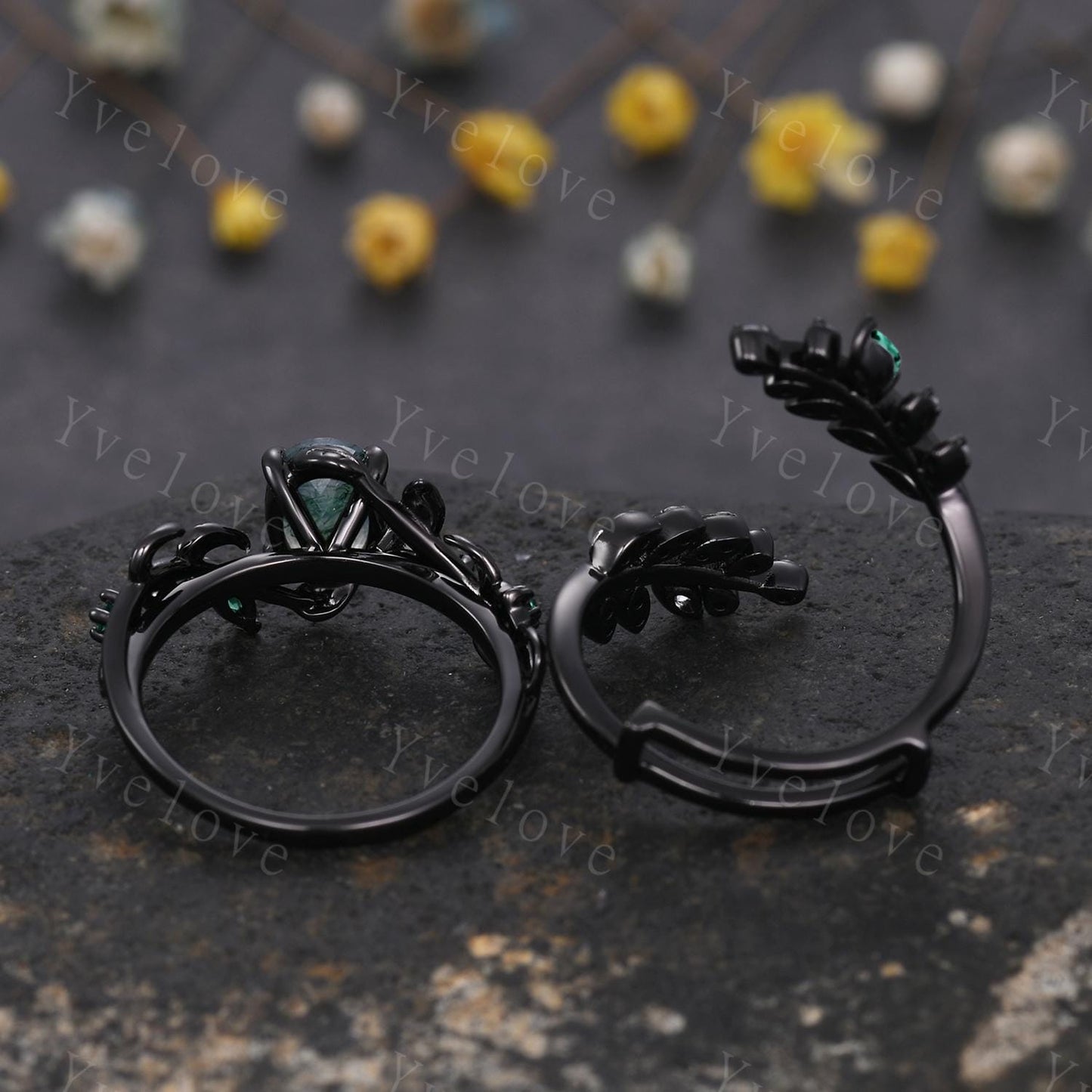 Gothic Oval Cut Moss Agate Engagement Ring,Black Gold Leaf Emerald Diamond Enhancer Wedding Band Unique Cluster Ring Women Bridal Ring Set