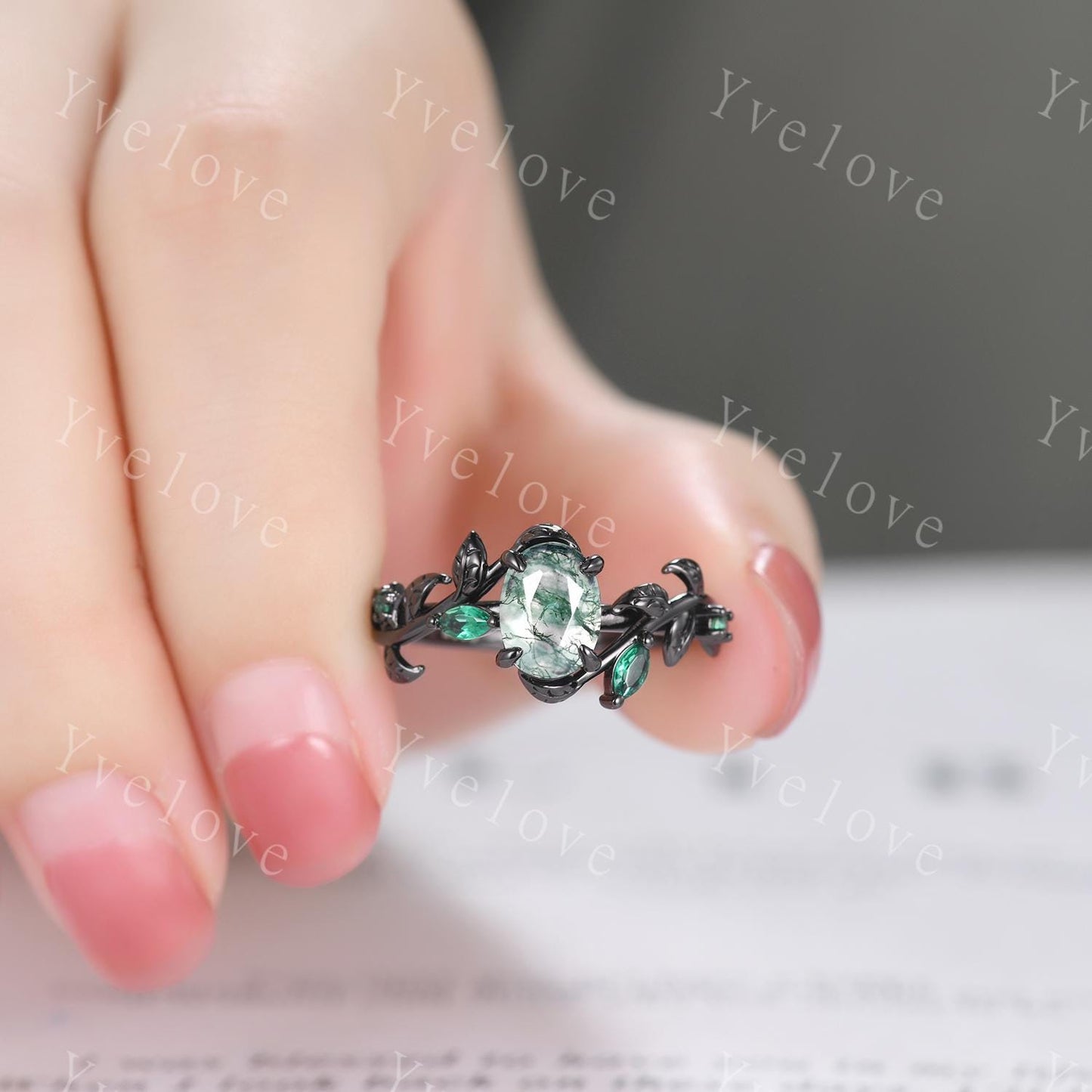 Gothic Oval Cut Moss Agate Engagement Ring,Black Gold Leaf Emerald Diamond Enhancer Wedding Band Unique Cluster Ring Women Bridal Ring Set