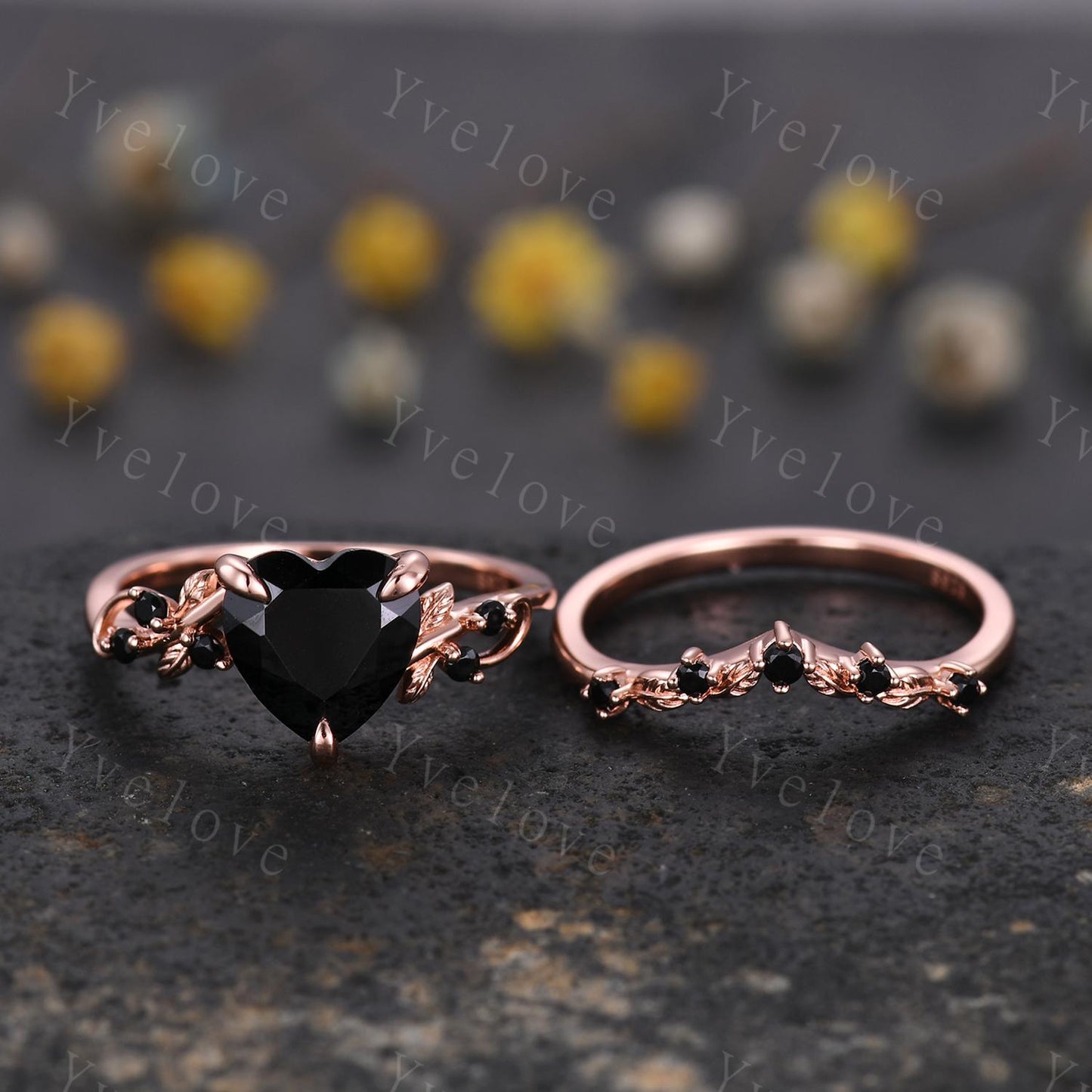 8 mm Heart Shape Black Onyx Ring,Vintage Twig Vine Leaf Ring,Antique Black Onyx Bridal Promise Ring Set Nature Inspired 14K Rose Gold band