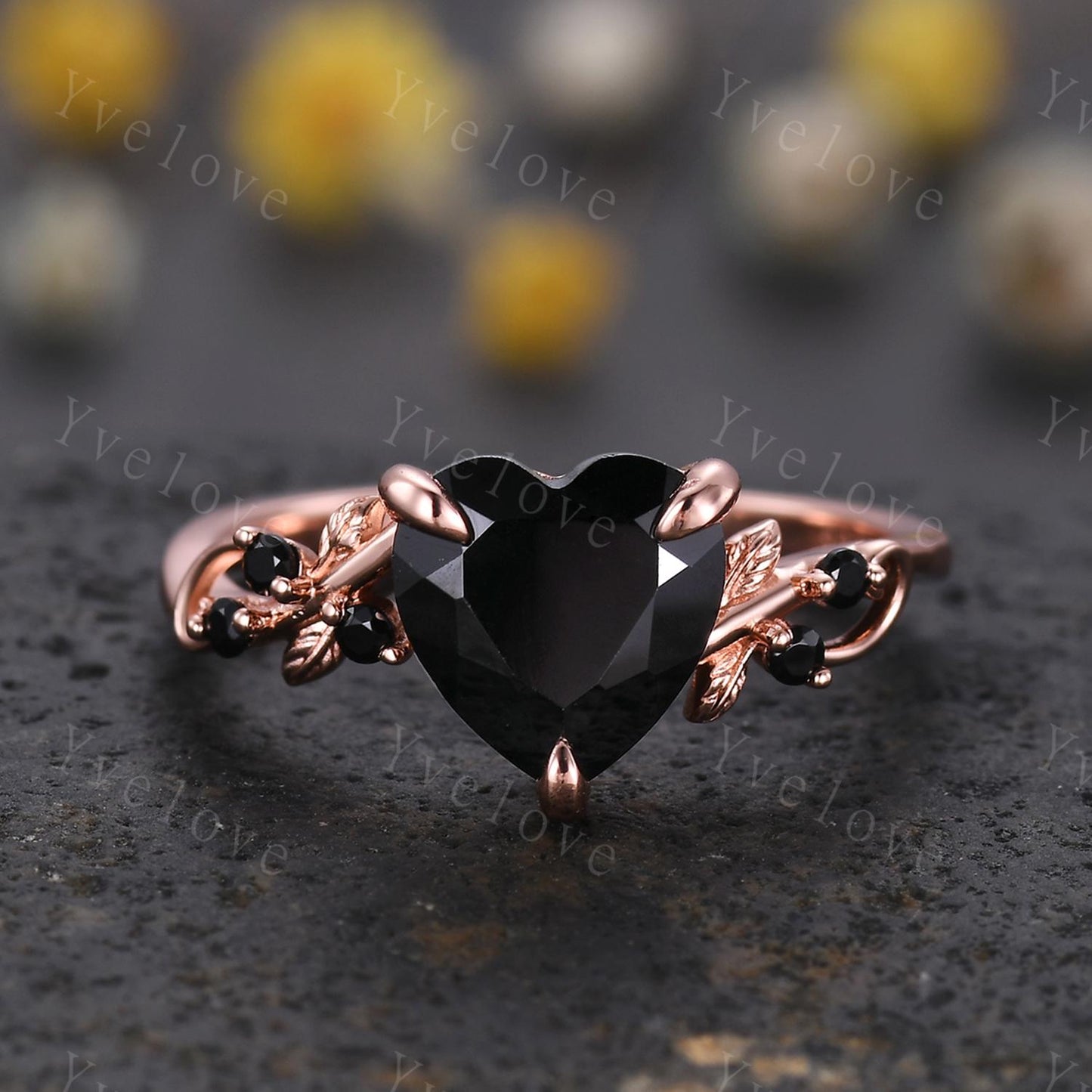 8 mm Heart Shape Black Onyx Ring,Vintage Twig Vine Leaf Ring,Antique Black Onyx Bridal Promise Ring Set Nature Inspired 14K Rose Gold band