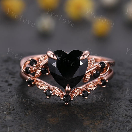 8 mm Heart Shape Black Onyx Ring,Vintage Twig Vine Leaf Ring,Antique Black Onyx Bridal Promise Ring Set Nature Inspired 14K Rose Gold band