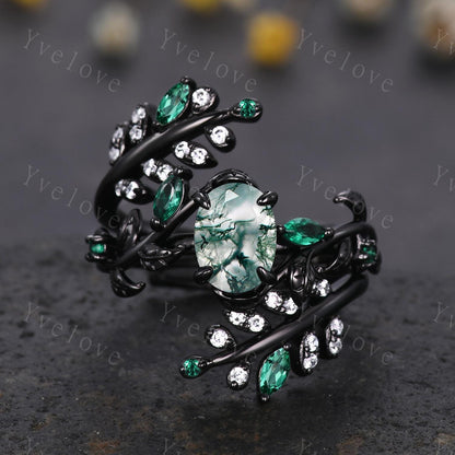 Gothic Oval Cut Moss Agate Engagement Ring,Black Gold Leaf Emerald Diamond Enhancer Wedding Band Unique Cluster Ring Women Bridal Ring Set