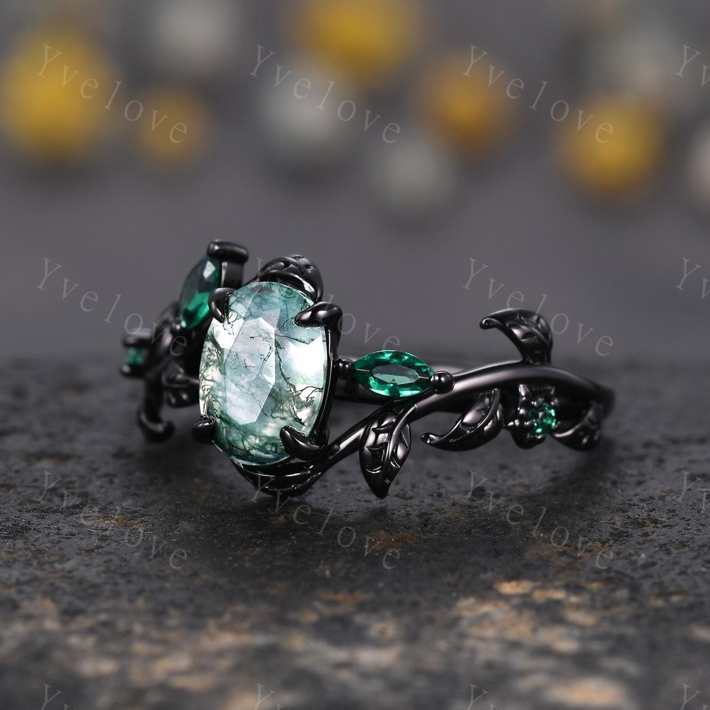 Gothic Oval Cut Moss Agate Engagement Ring,Black Gold Leaf Emerald Diamond Enhancer Wedding Band Unique Cluster Ring Women Bridal Ring Set