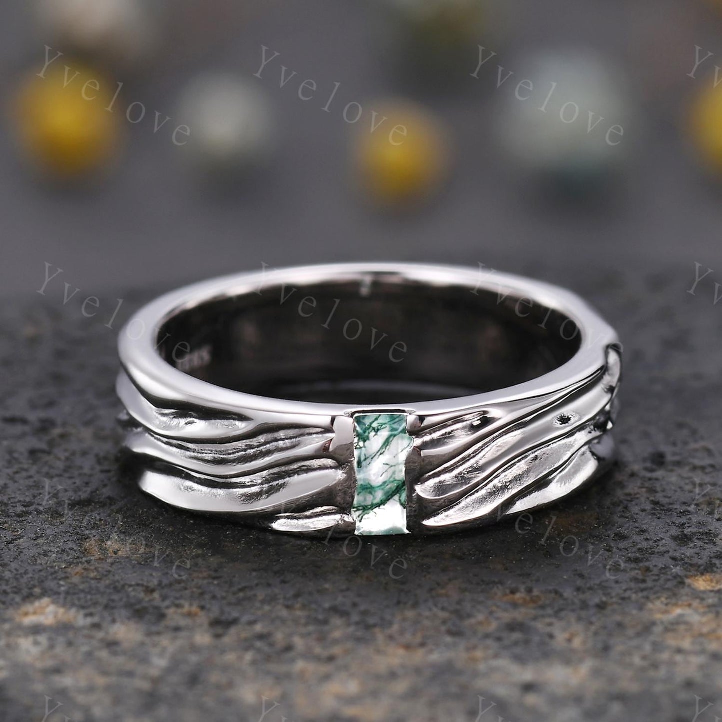 3/4 Eternity Baguette Moss Agate Wedding Band 925 Silver Ring Ocean Wave Ring Beach Jewelry Promise Ring Groom Ring Vintage Retro Ring Gift