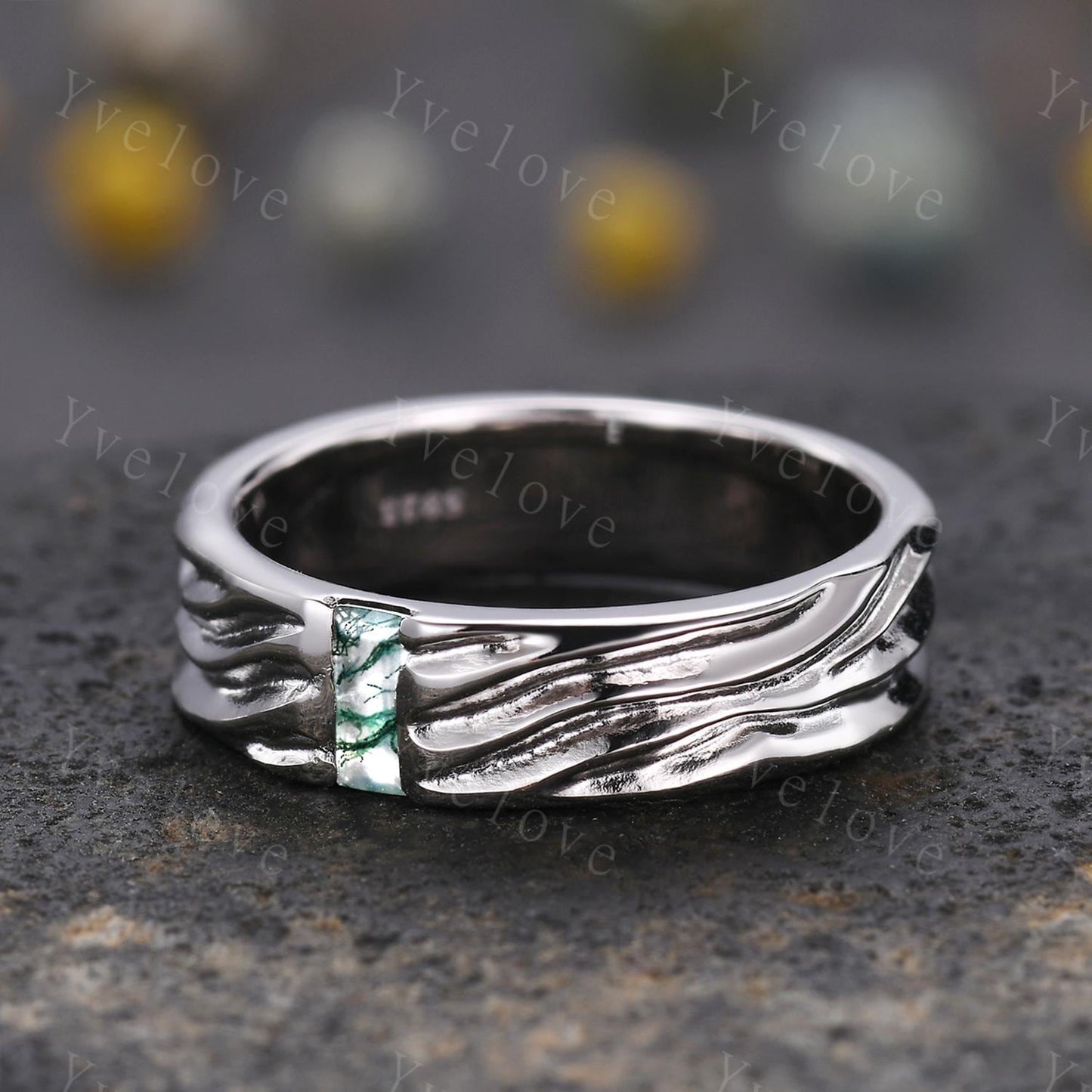 3/4 Eternity Baguette Moss Agate Wedding Band 925 Silver Ring Ocean Wave Ring Beach Jewelry Promise Ring Groom Ring Vintage Retro Ring Gift