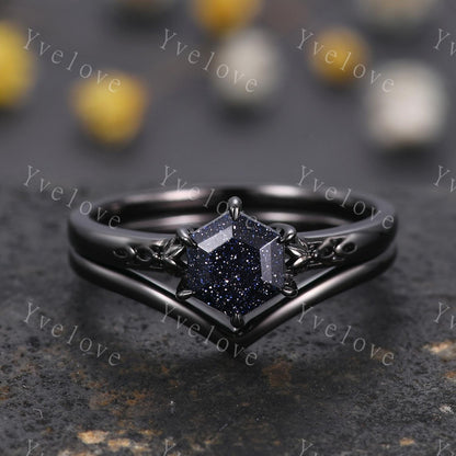 Vintage Blue Sandstone Engagement Ring Set,Black Gold Ring,Hexagon Cut Bridal Ring,Art Deco Galaxy Healing Ring V Matching Band,Promise Gift