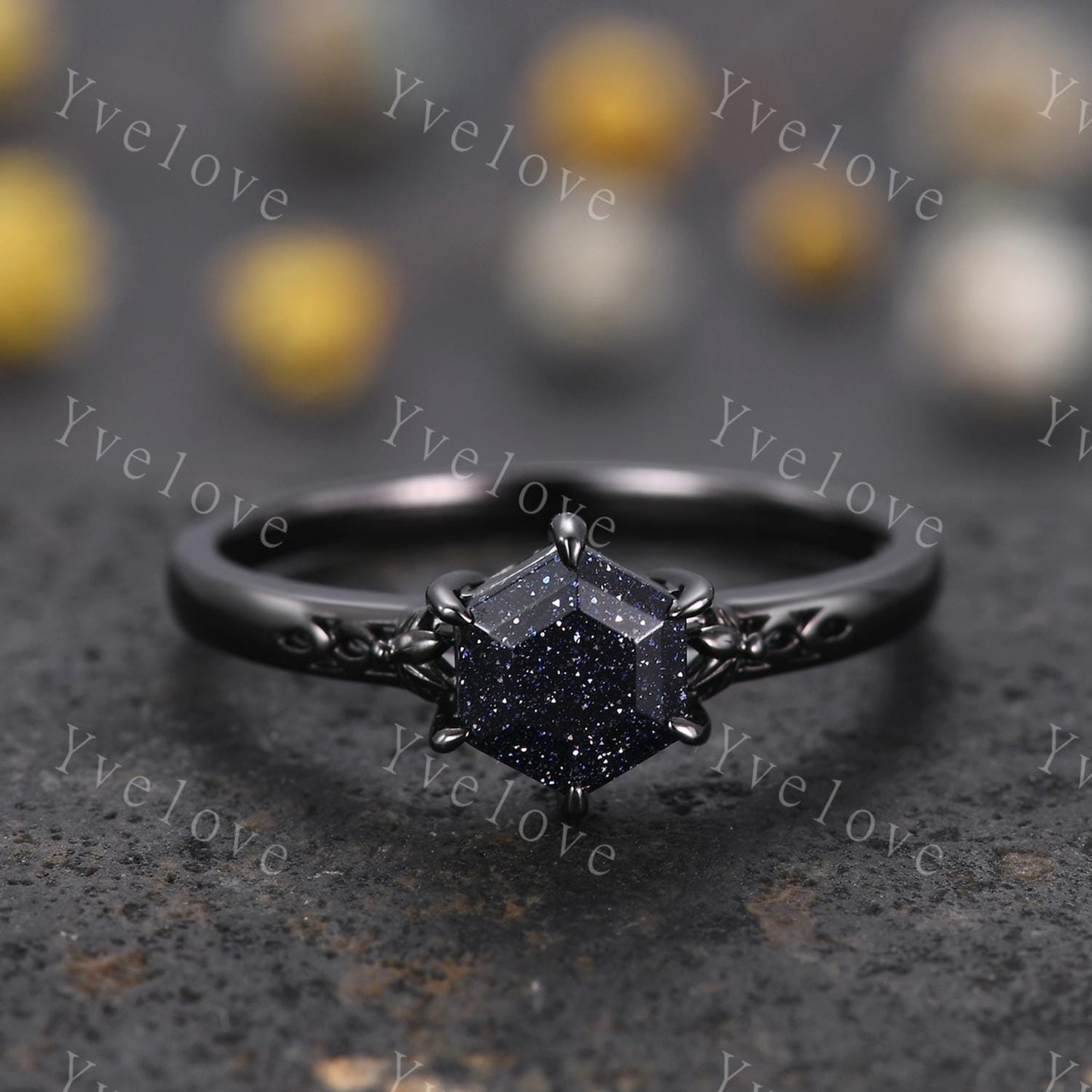 Vintage Blue Sandstone Engagement Ring Set,Black Gold Ring,Hexagon Cut Bridal Ring,Art Deco Galaxy Healing Ring V Matching Band,Promise Gift