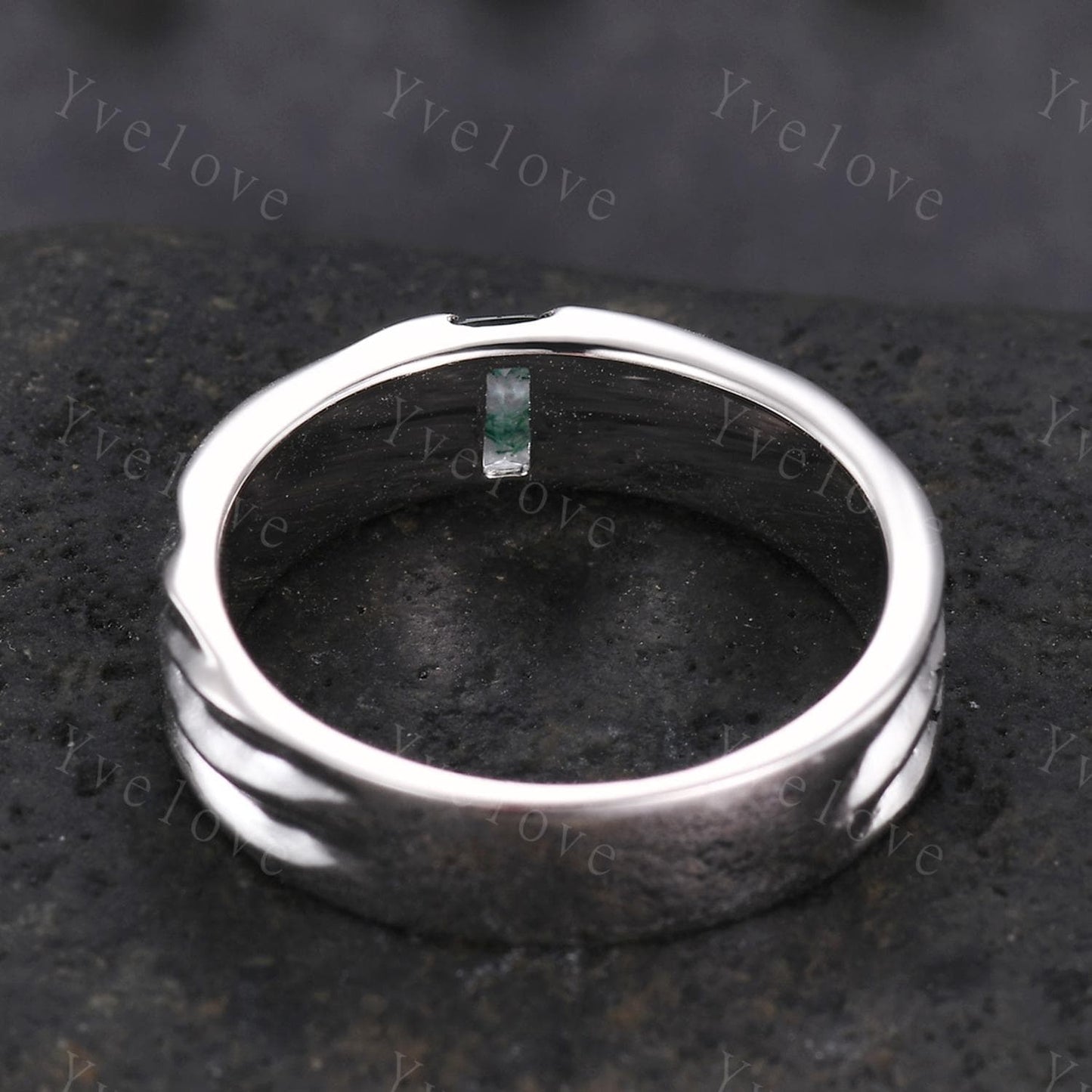 3/4 Eternity Baguette Moss Agate Wedding Band 925 Silver Ring Ocean Wave Ring Beach Jewelry Promise Ring Groom Ring Vintage Retro Ring Gift