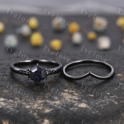 Vintage Blue Sandstone Engagement Ring Set,Black Gold Ring,Hexagon Cut Bridal Ring,Art Deco Galaxy Healing Ring V Matching Band,Promise Gift