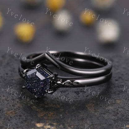 Vintage Blue Sandstone Engagement Ring Set,Black Gold Ring,Hexagon Cut Bridal Ring,Art Deco Galaxy Healing Ring V Matching Band,Promise Gift