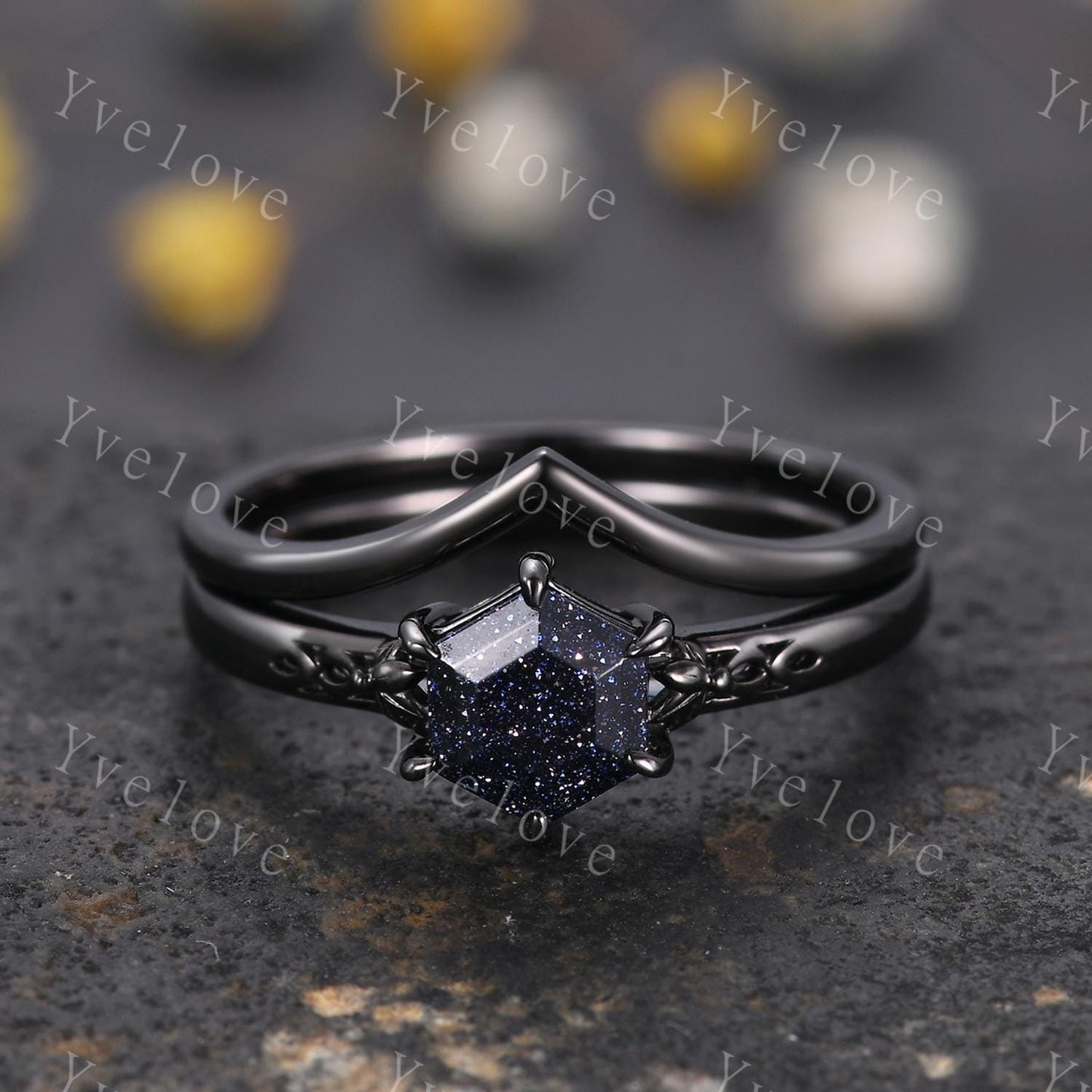 Vintage Blue Sandstone Engagement Ring Set,Black Gold Ring,Hexagon Cut Bridal Ring,Art Deco Galaxy Healing Ring V Matching Band,Promise Gift