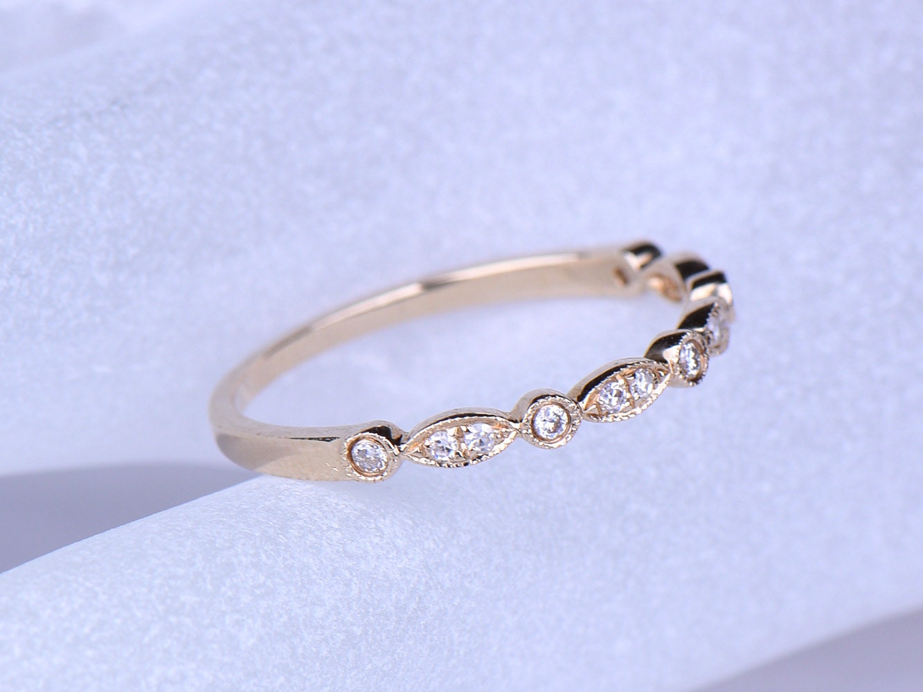 Diamond ring diamond wedding band half eternity ring engagement ring stacking matching band Milgrain set art deco ring solid 14k yellow gold