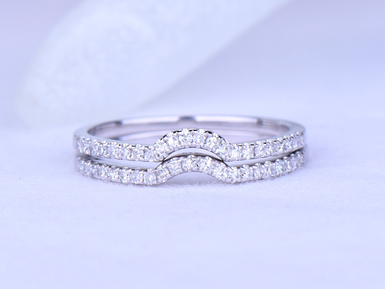 Diamond ring set diamond wedding band curved matching band 14k white gold ring half eternity ring 0.15ct natural SI-H diamonds pave set