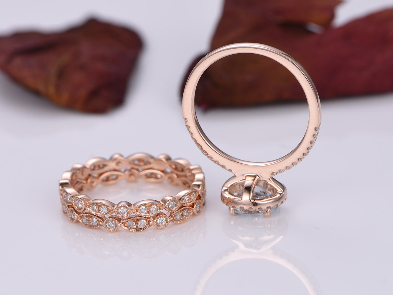 Aquamarine engagement ring set 14k rose gold wedding ring 7mm round cut natural aqumarine full eternity diamond wedding band stackable ring