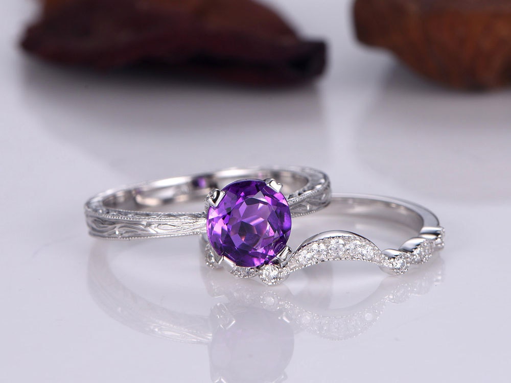 Amethyst ring 6.5mm round cut amethyst engagement ring half enternity wedding band curved matching band solitaire ring wedding ring set