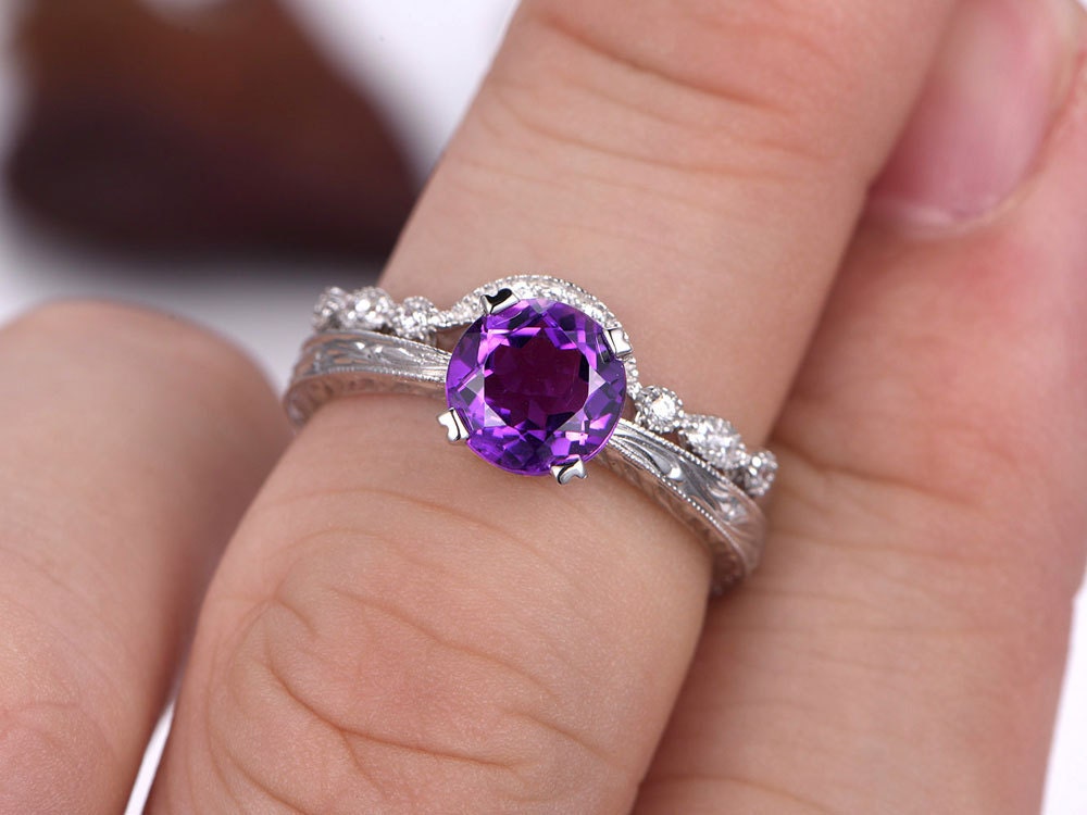 Amethyst ring 6.5mm round cut amethyst engagement ring half enternity wedding band curved matching band solitaire ring wedding ring set