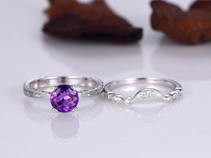 Amethyst ring 6.5mm round cut amethyst engagement ring half enternity wedding band curved matching band solitaire ring wedding ring set