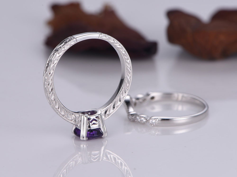 Amethyst ring 6.5mm round cut amethyst engagement ring half enternity wedding band curved matching band solitaire ring wedding ring set