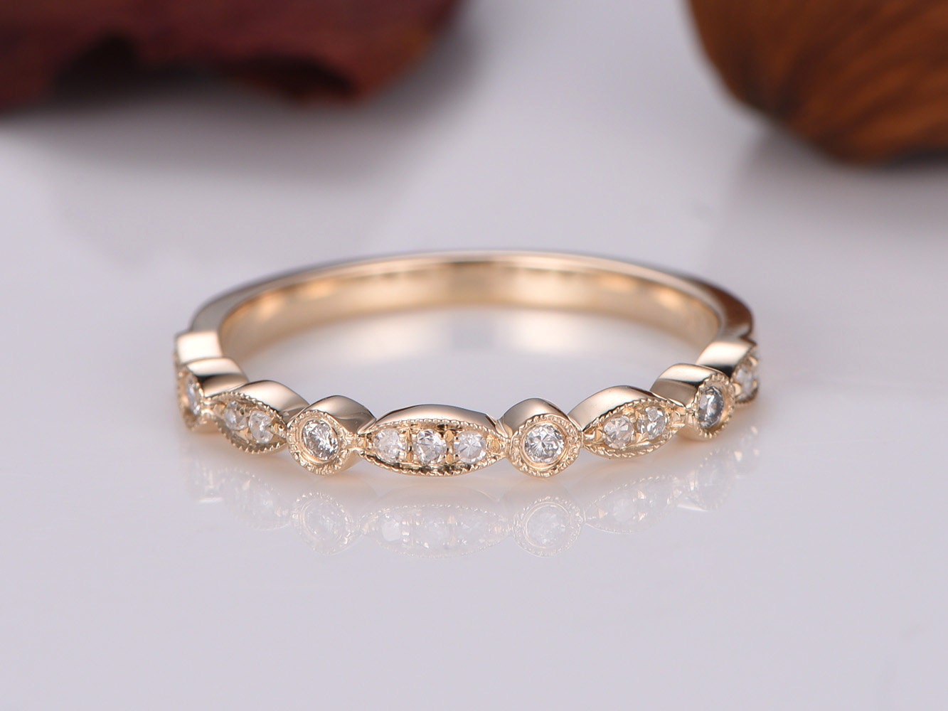 Diamond ring diamond wedding band  half eternity ring art deco antique natural diamond matching band marquise eternity ring 14K yellow gold