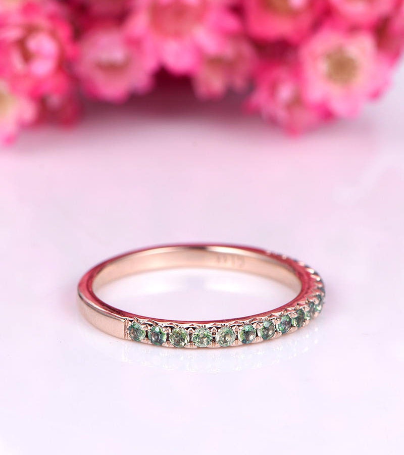 Wedding band emerald ring natural emerald wedding ring half eternity ring solid 14k rose gold stacking ring matching band bridal ring